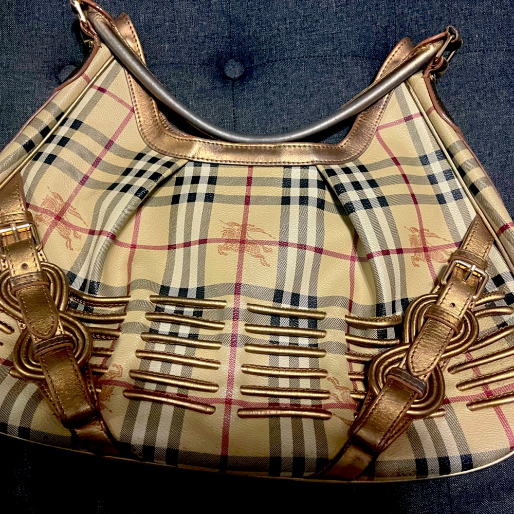 Burberry Checkered Beige and Gold Hobo Bag